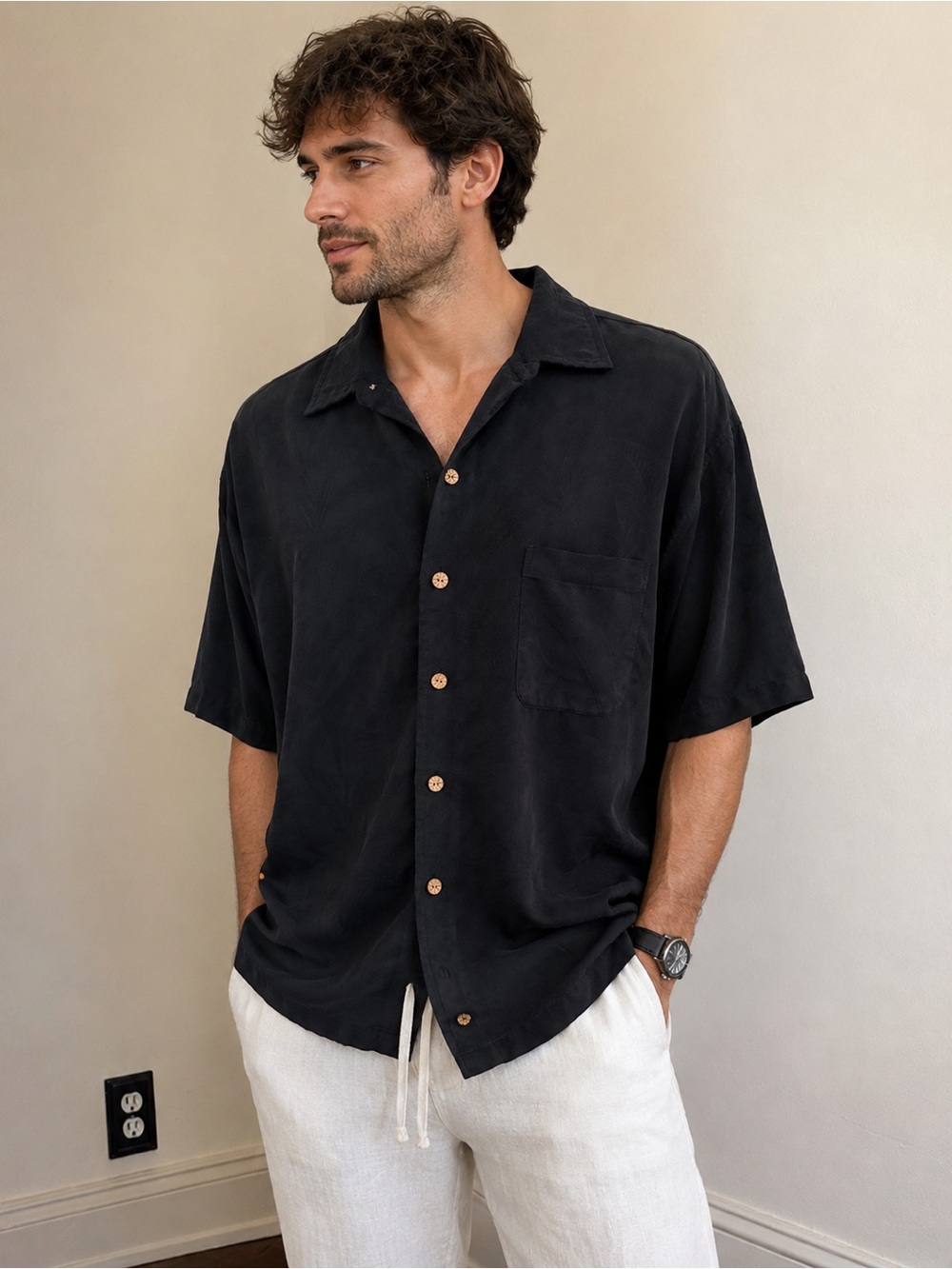 Caribbean Black Short-Sleeve Button-Down Shirt